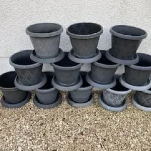 12 GREY AND GOLD PLANTERS WITH MATCHING SAUCERS. 12” x 16” DIA. - Image 2