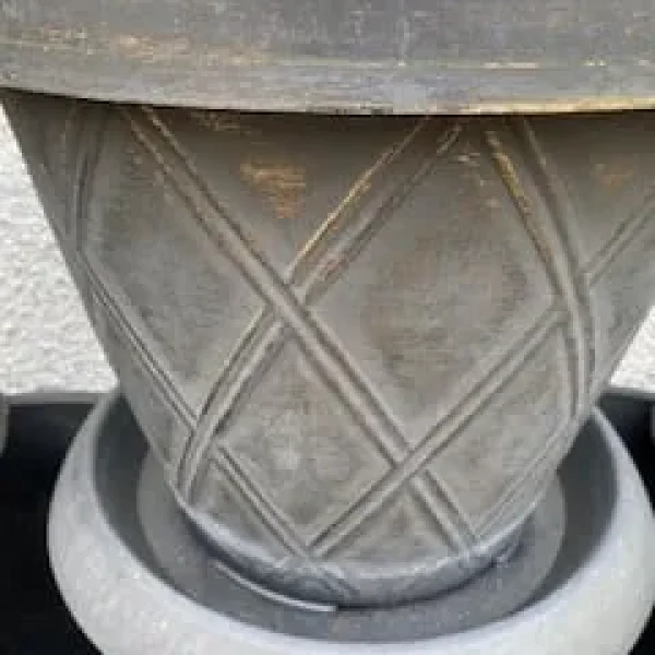 12 GREY AND GOLD PLANTERS WITH MATCHING SAUCERS. 12” x 16” DIA.