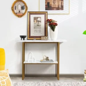 COSTWAY 2-Tier Console Table, Modern Faux Marble Narrow Hall Desk Sofa Side Table, 120cm - Image 2
