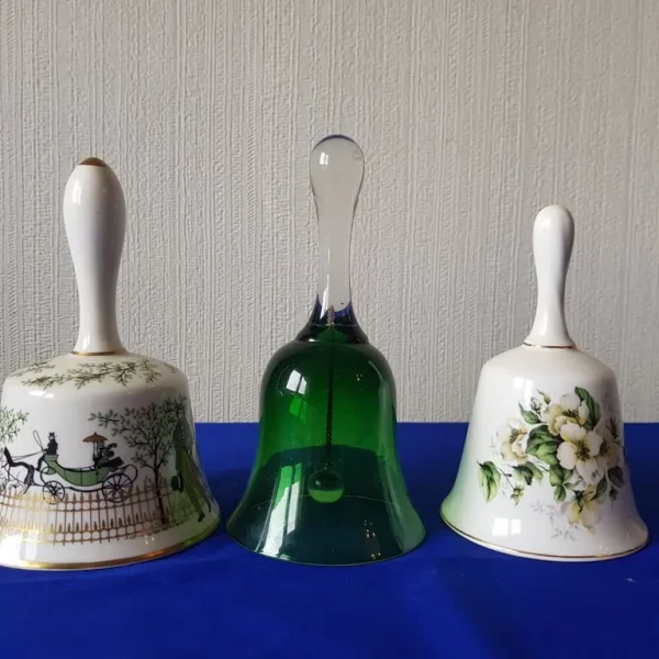 3 x Ornamental Bells. 2 x Bone China, 1 x Glass