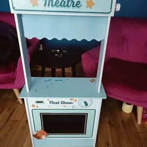 Kids wooden roleplay set with cinema, shop, and kitchen