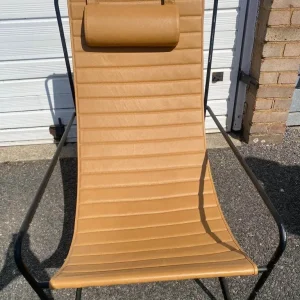 Modern Genuine Leather Sling Lounge Chair with Black Metal (Iron) Frame - Image 2