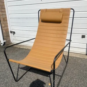 Modern Genuine Leather Sling Lounge Chair with Black Metal (Iron) Frame