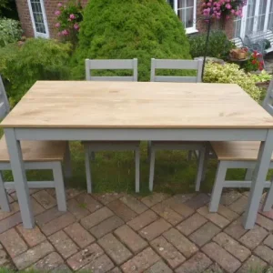 Grey & Pine Dining Table 4 chairs & Bench in Ex Cond - Image 3