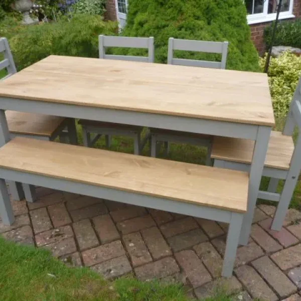 Grey & Pine Dining Table 4 chairs & Bench in Ex Cond