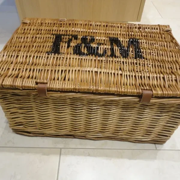 Fortnum & Mason Hamper with handle at front and logo at the top