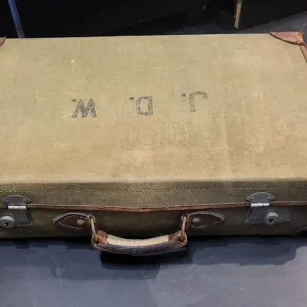 vintage 1962 pendragon canvas suitcase with leather trim
