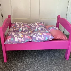 Pink painted toy doll bed & covers