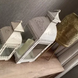 Two Rustic Cream Decorative Candle Lanterns & Brass Effect Plant Holder - Image 2