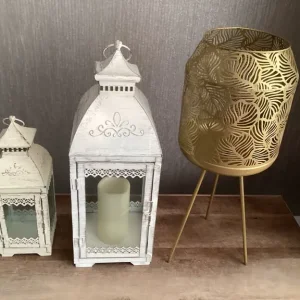 Two Rustic Cream Decorative Candle Lanterns & Brass Effect Plant Holder
