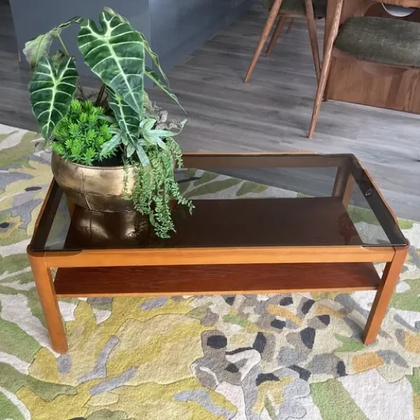 Vintage Mid Century Teak & Smoked Glass Myer Coffee Table - Retro MCM