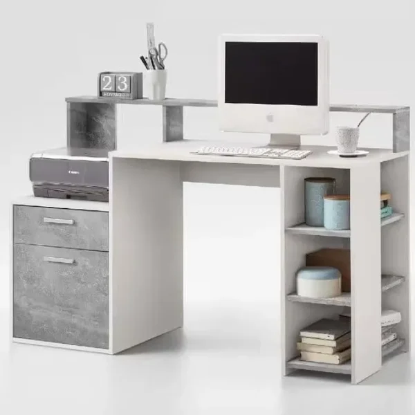 Modern White And Concrete Grey Computer Desk With Hutch 138cm Wide