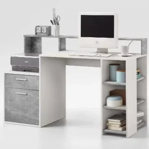 Modern White And Concrete Grey Computer Desk With Hutch 138cm Wide