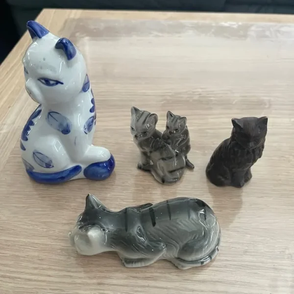 Five Cat Ornaments Stylized Cat Figurines including twin with Kitten