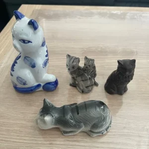 Five Cat Ornaments Stylized Cat Figurines including twin with Kitten