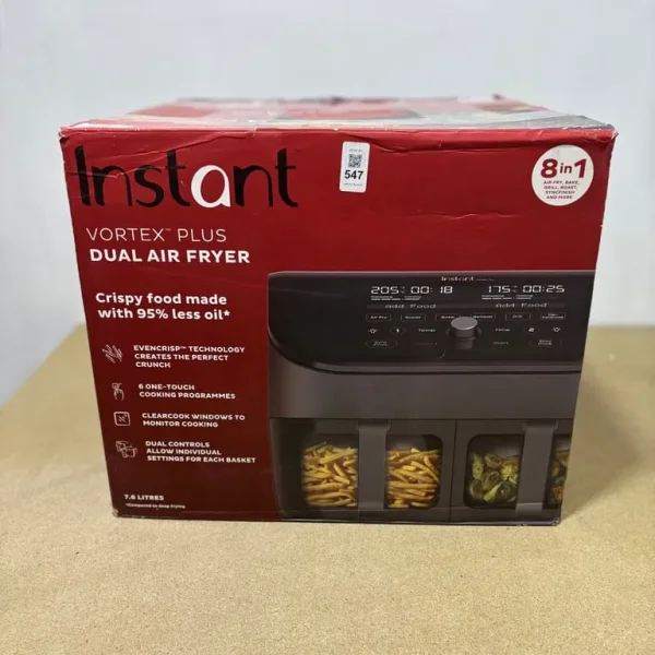 INSTANT VORTEX PLUS 7.6L 8-IN-1 DUAL BASKET AIR FRYER WITH CLEARCOOK S-STEEL NEW