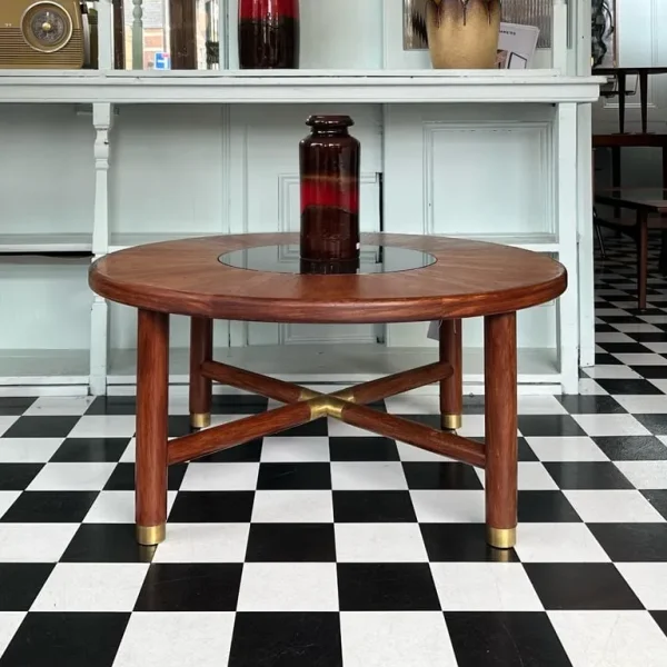Mid-Century G Plan Round Coffee Table with Smoked Glass Insert, 1960s FREE LOCAL DELIVERY