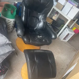 Black leather recliner and matching footstool - Image 4