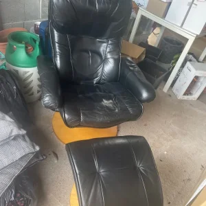 Black leather recliner and matching footstool - Image 6