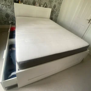 IKEA king bedframe with 4 drawers, storage headboard and mattress - Image 3