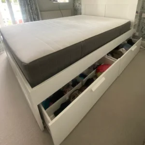 IKEA king bedframe with 4 drawers, storage headboard and mattress - Image 4