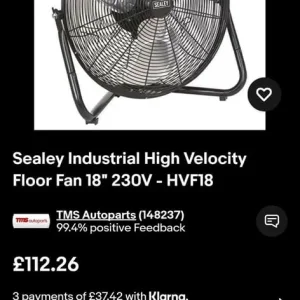 Sealey Industrial High Velocity Floor Fan 18" 230V HVF18 V.5 3 Speed MAKE OFFER! - Image 4