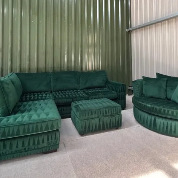Immaculate green velvet Dfs orka corner sofa, swivel chair & footstool