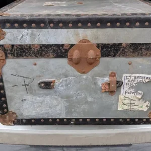 Vintage grey military travel trunk with steamers and original address - Image 2