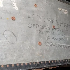 Vintage grey military travel trunk with steamers and original address - Image 3