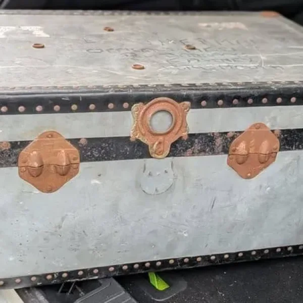 Vintage grey military travel trunk with steamers and original address