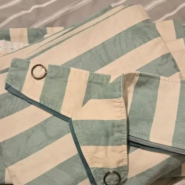 Green and cream striped curtains 38"X 84"