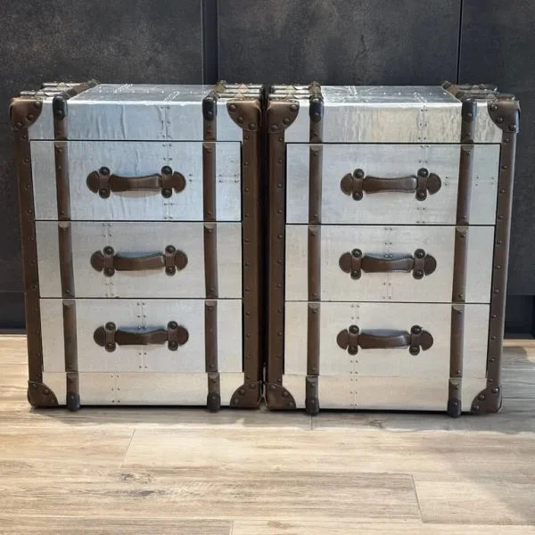 2 x silver metal trunk style side table drawers / bedside drawers