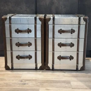 2 x silver metal trunk style side table drawers / bedside drawers