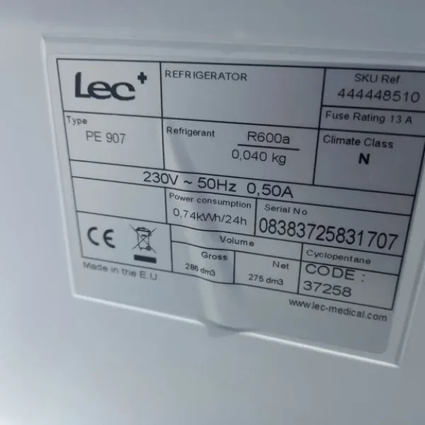 LEC Refrigeration Refrigerator PE907 pharmacy 286L 595mm(w) x 600mm(d) x 1550mm(h)-Hand Refrigerator