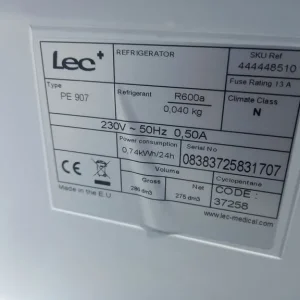 LEC Refrigeration Refrigerator PE907 pharmacy 286L 595mm(w) x 600mm(d) x 1550mm(h)-Hand Refrigerator