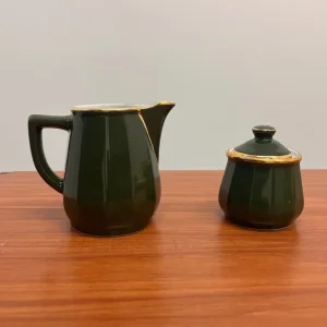 Vintage Apilco & Delaunay Green & Gold Jug, Sauce Jar and Sugar Bowl - Image 2