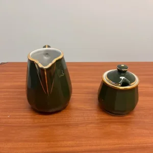 Vintage Apilco & Delaunay Green & Gold Jug, Sauce Jar and Sugar Bowl - Image 3