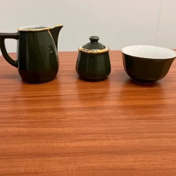 Vintage Apilco & Delaunay Green & Gold Jug, Sauce Jar and Sugar Bowl