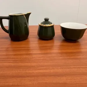 Vintage Apilco & Delaunay Green & Gold Jug, Sauce Jar and Sugar Bowl