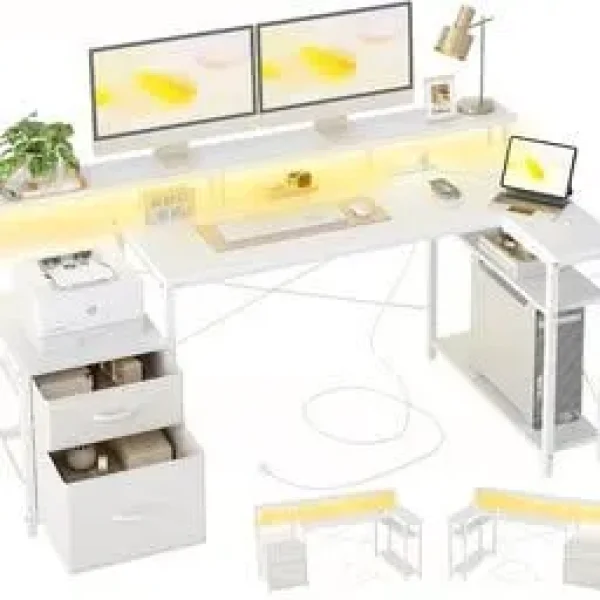 BEXEVUE L Shaped Corner Desk with Large Monitor Stand