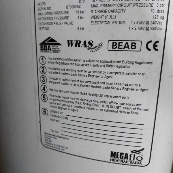 70ltr unvented water heater