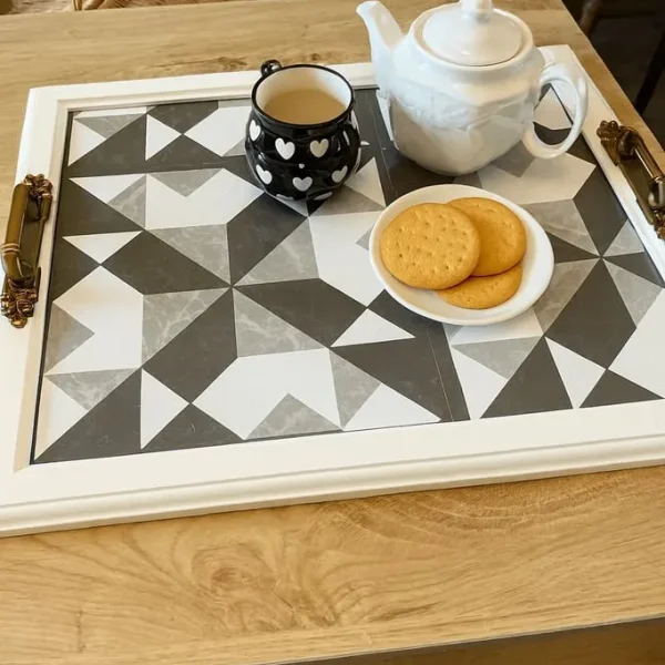 🖤 White Frame Geometric Tile Serving Tray – Upcycled Statement Piece
