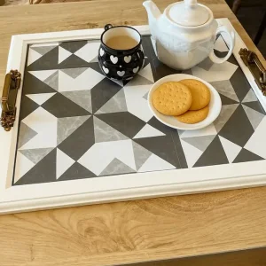 🖤 White Frame Geometric Tile Serving Tray – Upcycled Statement Piece