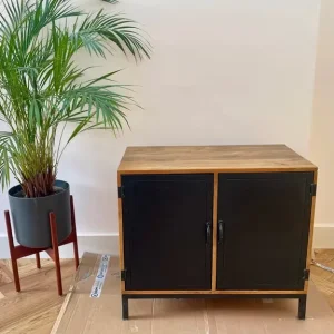 stylish wooden cabinet with black metal doors – excellent condition - Image 4