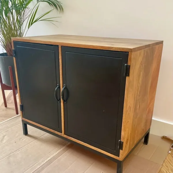 stylish wooden cabinet with black metal doors – excellent condition