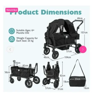 Black wagon stroller for 2 kids with adjustable handle and removable canopy - Image 2