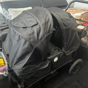 Black wagon stroller for 2 kids with adjustable handle and removable canopy - Image 4