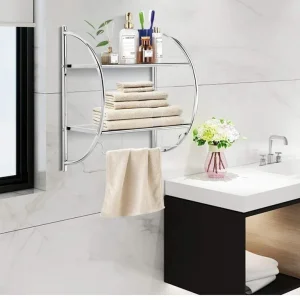 Wall Mounted Towel Rack, 2-Tier Chrome Curved Bathroom Shelf with Hanging Towel Rails - Image 2