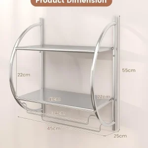Wall Mounted Towel Rack, 2-Tier Chrome Curved Bathroom Shelf with Hanging Towel Rails - Image 3