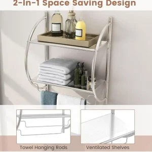 Wall Mounted Towel Rack, 2-Tier Chrome Curved Bathroom Shelf with Hanging Towel Rails - Image 4